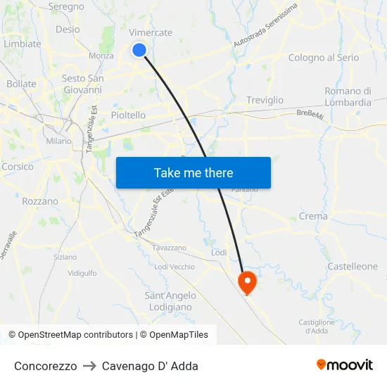 Concorezzo to Cavenago D' Adda map