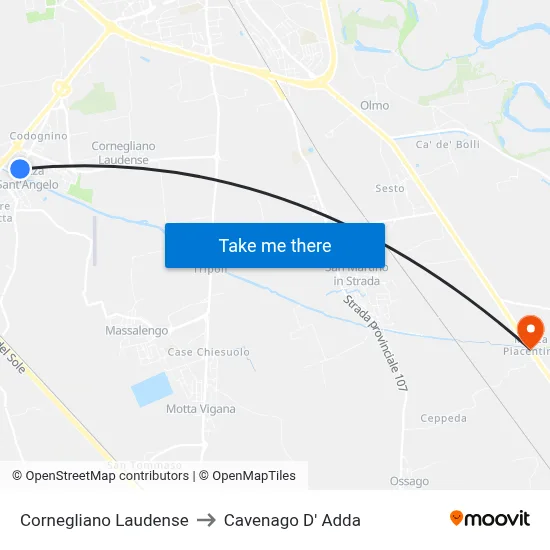 Cornegliano Laudense to Cavenago D' Adda map