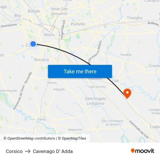 Corsico to Cavenago D' Adda map