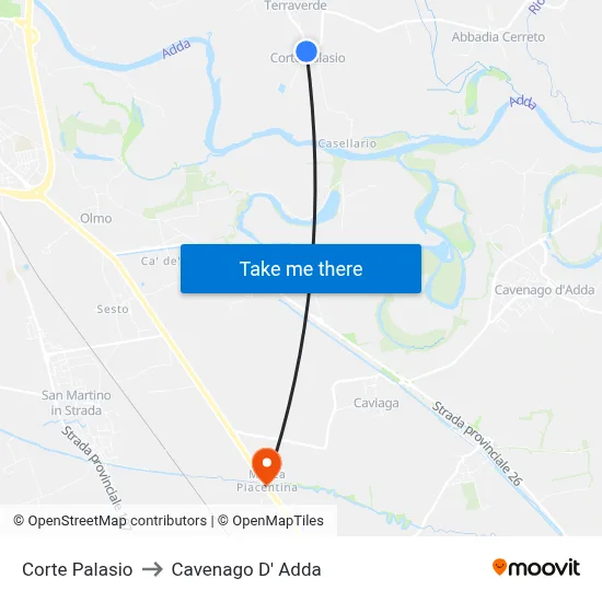 Corte Palasio to Cavenago D' Adda map