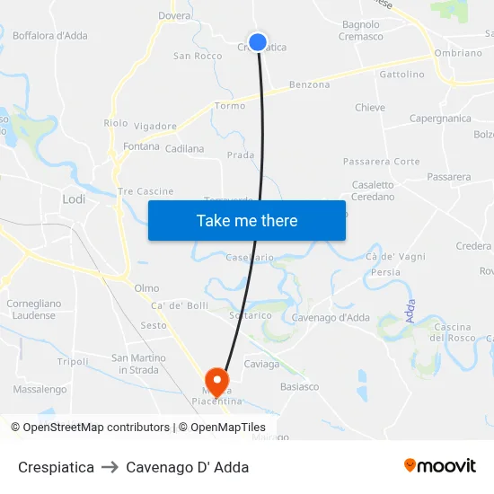 Crespiatica to Cavenago D' Adda map