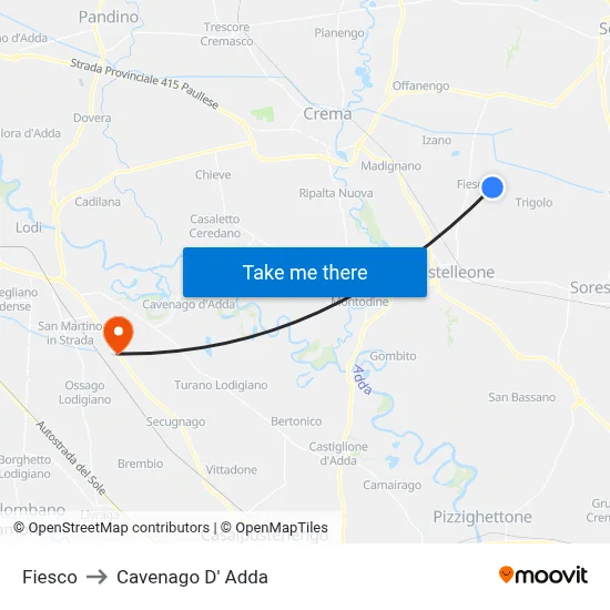 Fiesco to Cavenago D' Adda map