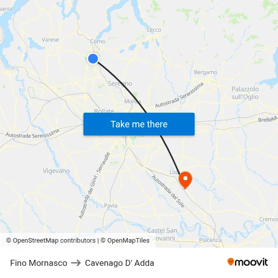 Fino Mornasco to Cavenago D' Adda map