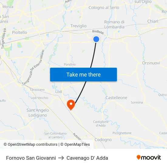 Fornovo San Giovanni to Cavenago D' Adda map
