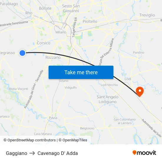 Gaggiano to Cavenago D' Adda map