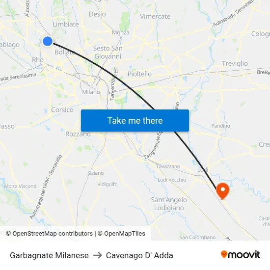 Garbagnate Milanese to Cavenago D' Adda map