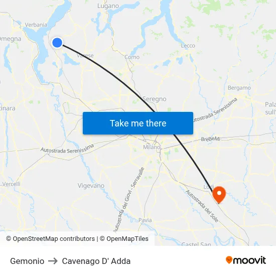 Gemonio to Cavenago D' Adda map