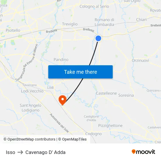 Isso to Cavenago D' Adda map