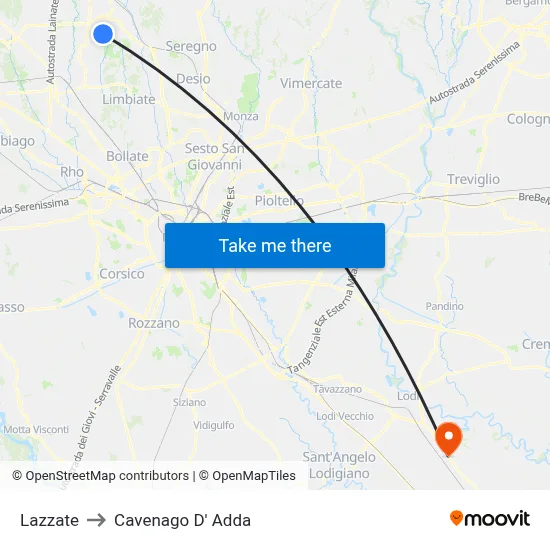 Lazzate to Cavenago D' Adda map