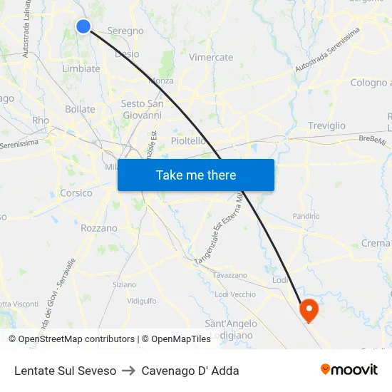 Lentate Sul Seveso to Cavenago D' Adda map