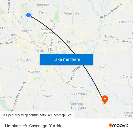 Limbiate to Cavenago D' Adda map