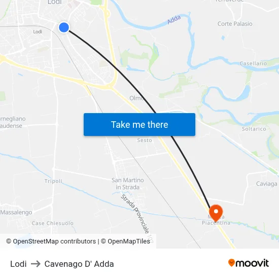 Lodi to Cavenago D' Adda map