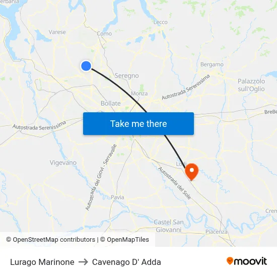 Lurago Marinone to Cavenago D' Adda map