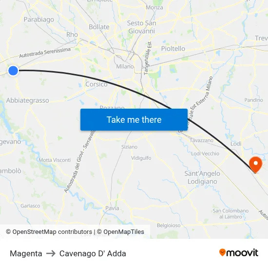 Magenta to Cavenago D' Adda map
