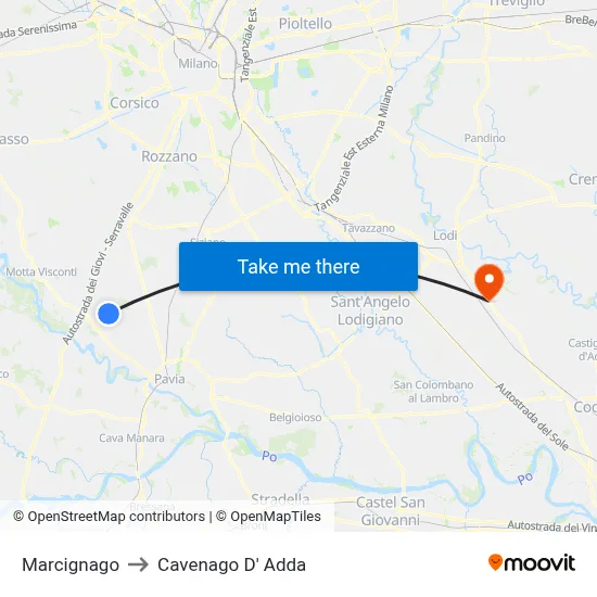 Marcignago to Cavenago D' Adda map