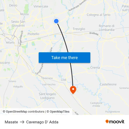 Masate to Cavenago D' Adda map