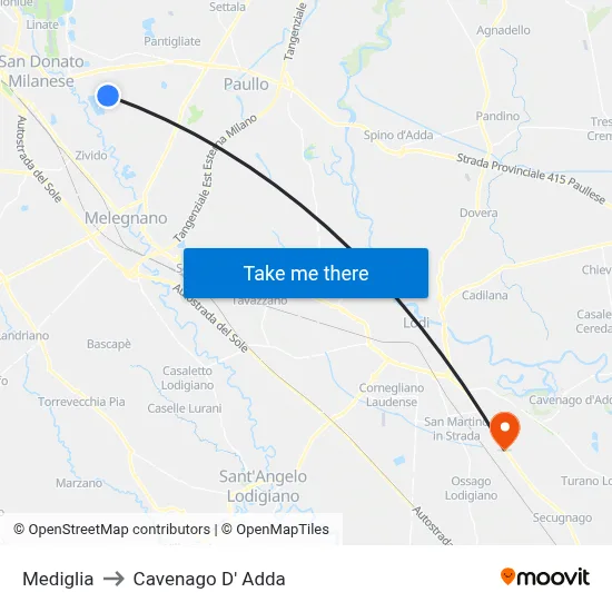 Mediglia to Cavenago D' Adda map