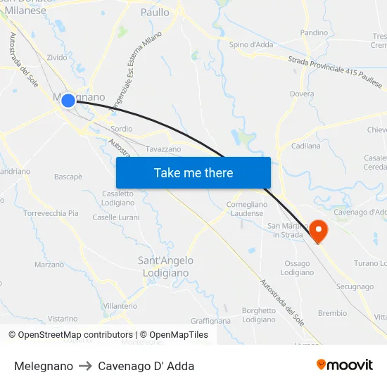 Melegnano to Cavenago D' Adda map