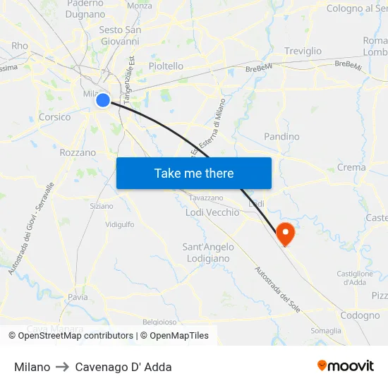 Milan to Cavenago D' Adda map