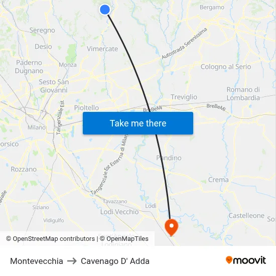 Montevecchia to Cavenago D' Adda map
