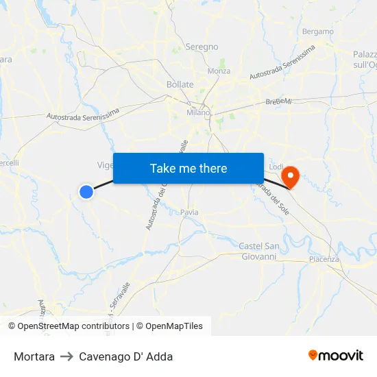 Mortara to Cavenago D' Adda map