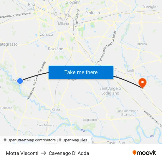 Motta Visconti to Cavenago D' Adda map