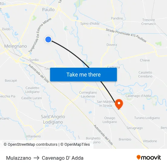 Mulazzano to Cavenago D' Adda map