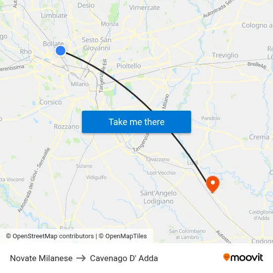 Novate Milanese to Cavenago D' Adda map