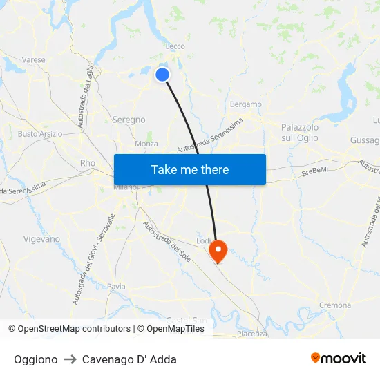 Oggiono to Cavenago D' Adda map