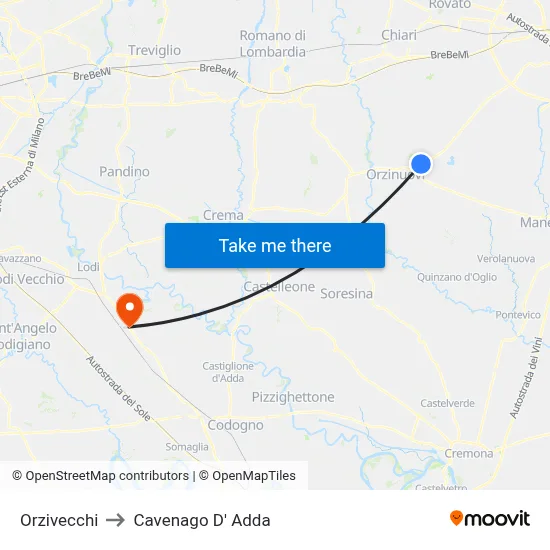 Orzivecchi to Cavenago D' Adda map