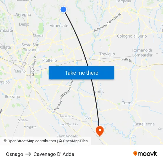 Osnago to Cavenago D' Adda map