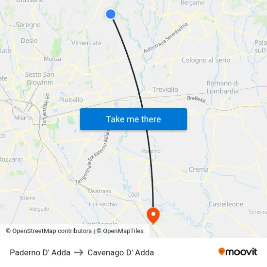 Paderno D' Adda to Cavenago D' Adda map