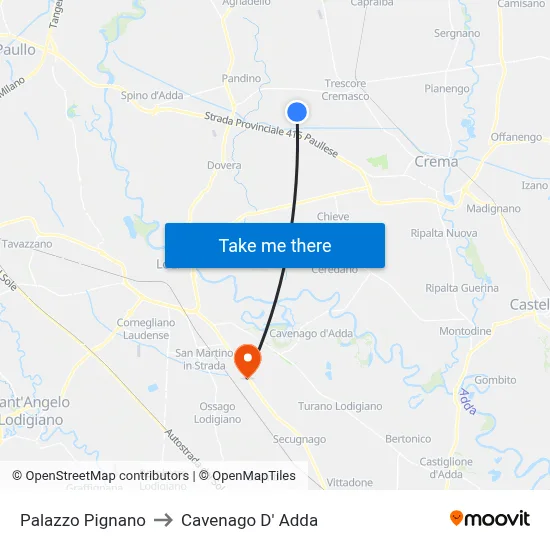 Palazzo Pignano to Cavenago D' Adda map