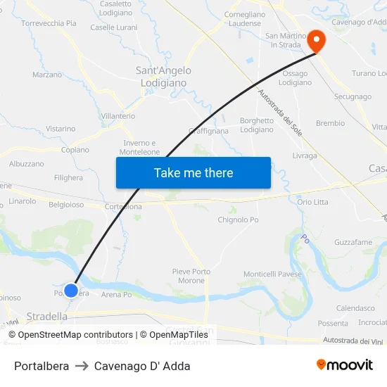 Portalbera to Cavenago D' Adda map