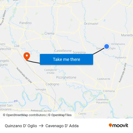 Quinzano D' Oglio to Cavenago D' Adda map