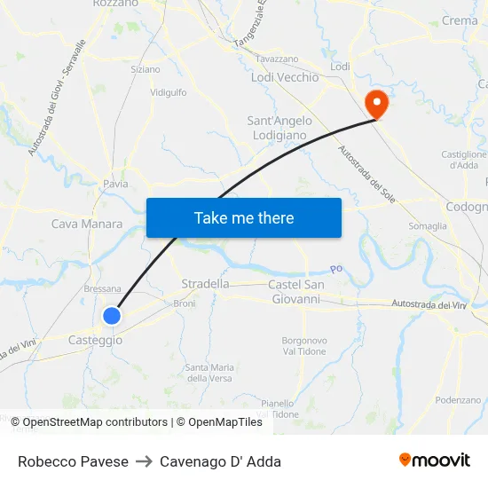 Robecco Pavese to Cavenago D' Adda map