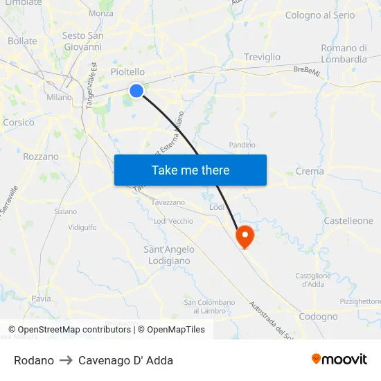 Rodano to Cavenago D' Adda map