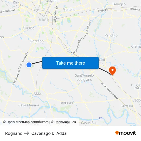 Rognano to Cavenago D' Adda map