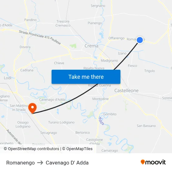 Romanengo to Cavenago D' Adda map