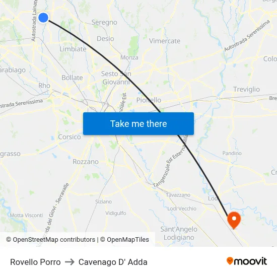 Rovello Porro to Cavenago D' Adda map