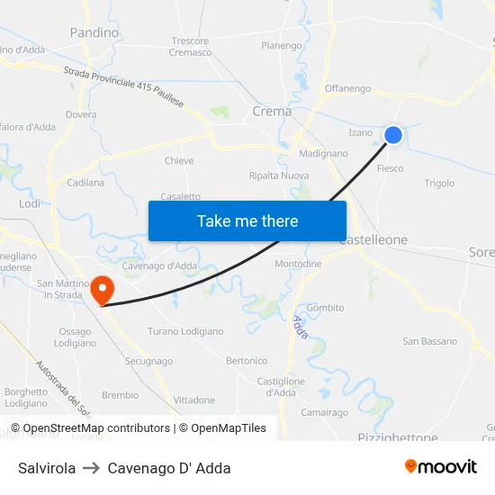 Salvirola to Cavenago D' Adda map