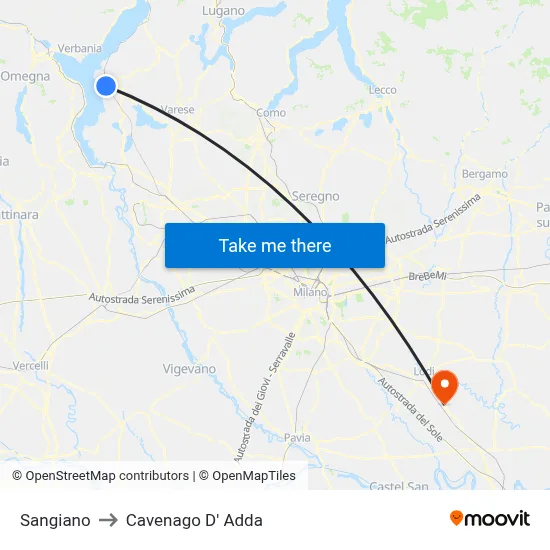 Sangiano to Cavenago D' Adda map