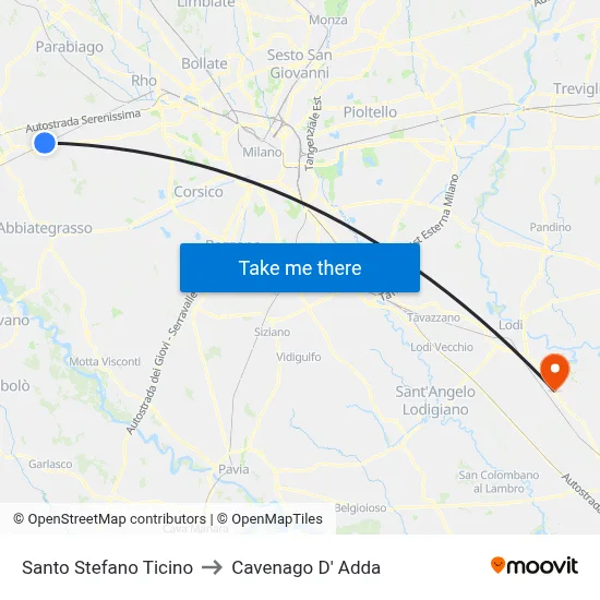 Santo Stefano Ticino to Cavenago D' Adda map