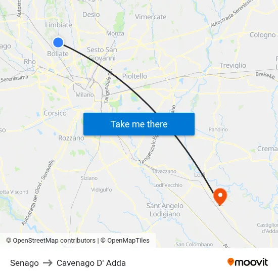 Senago to Cavenago D' Adda map