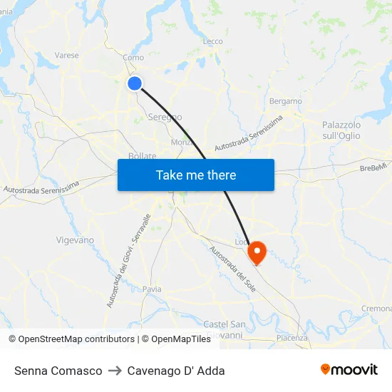 Senna Comasco to Cavenago D' Adda map