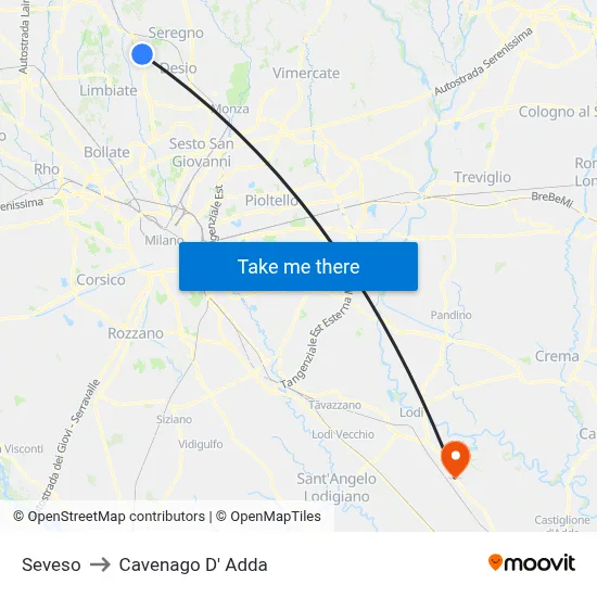 Seveso to Cavenago D' Adda map