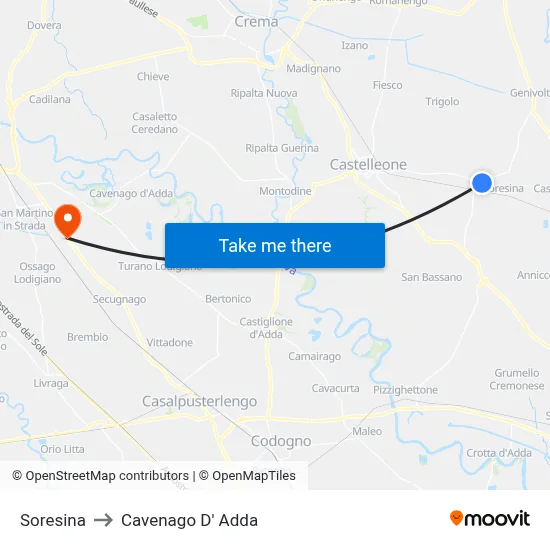 Soresina to Cavenago D' Adda map