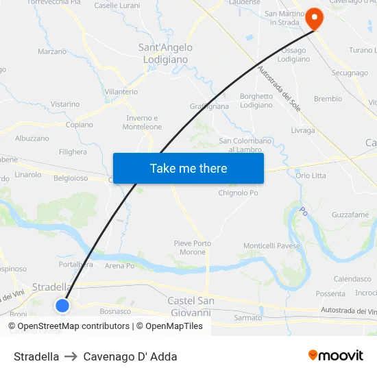 Stradella to Cavenago D' Adda map