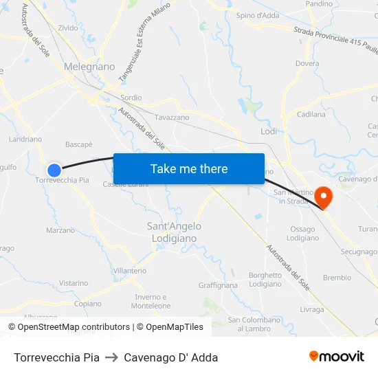 Torrevecchia Pia to Cavenago D' Adda map