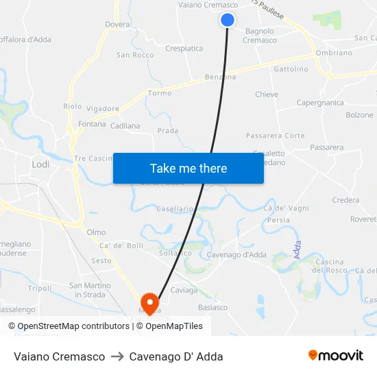 Vaiano Cremasco to Cavenago D' Adda map